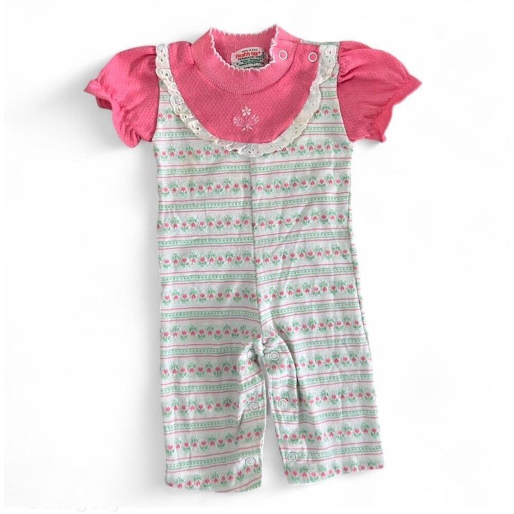 Vintage Healthtex Baby Girl One Piece Outfit Romper Pink Green Floral Tulip 6 Mo